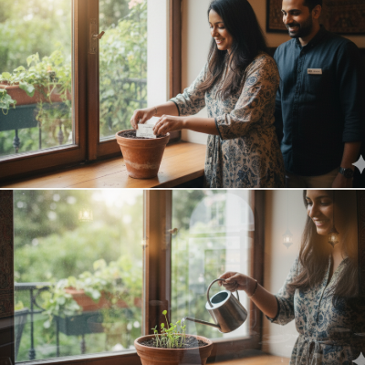 Young couple watering plant by window alt text. Smiling woman pouring water from metal can into terracotta pot. of pot. Sm...