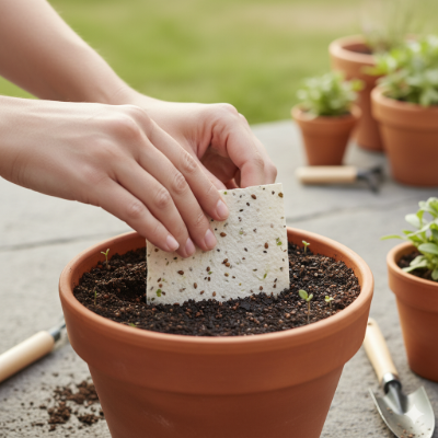be hands seeding a small green young plants in a brown flower pot