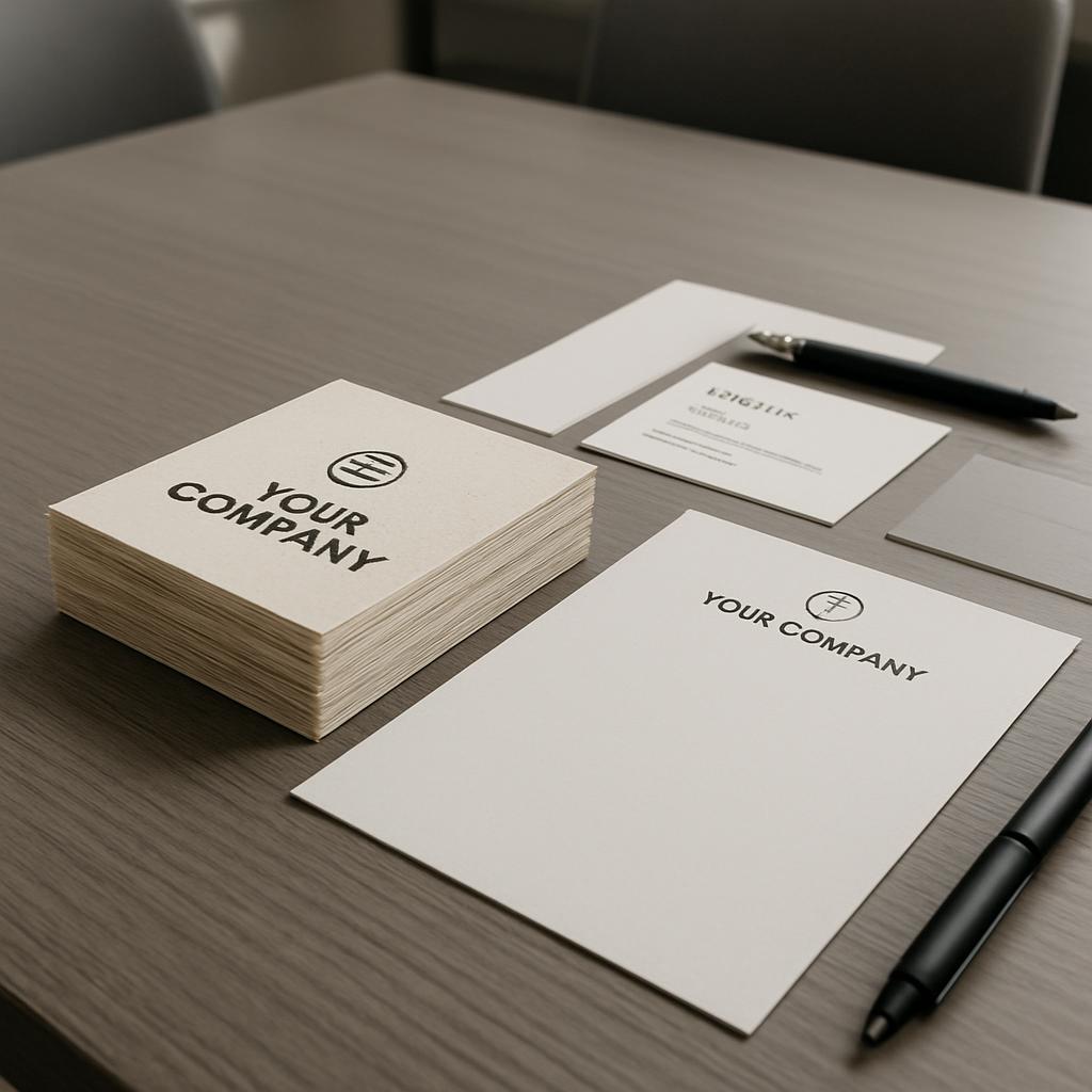 Blank stationery with your company logo and name on a light wood grain table with a pen resting on the notepad.