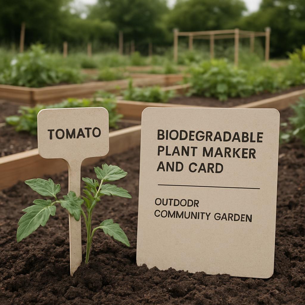 Biodegradable plant marker and card for an outdoor community garden in a raised bed box.